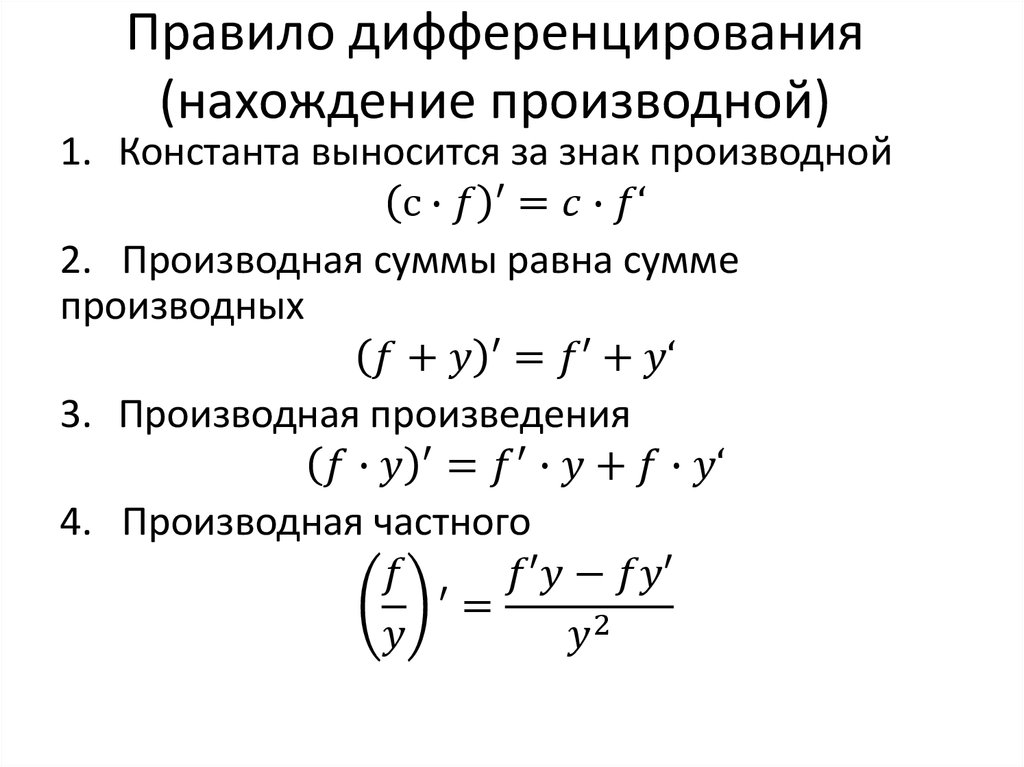 Формулы произведения функции. Формула дифференцирования суммы функций. Правила дифференцирования основных элементарных функций.