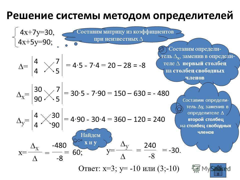 Калькулятор системы уравнений методом. Решение уравнений методом определителей. Решение системы уравнений методом определителей. Решить систему уравнений методом определителей. Решение системы 2 линейных уравнений методом определителей.