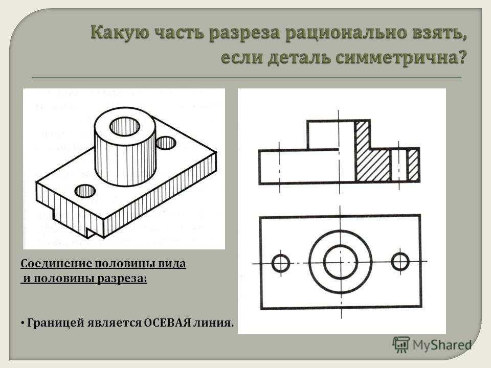 Границей между изображениями при совмещении вида и разреза служат линии