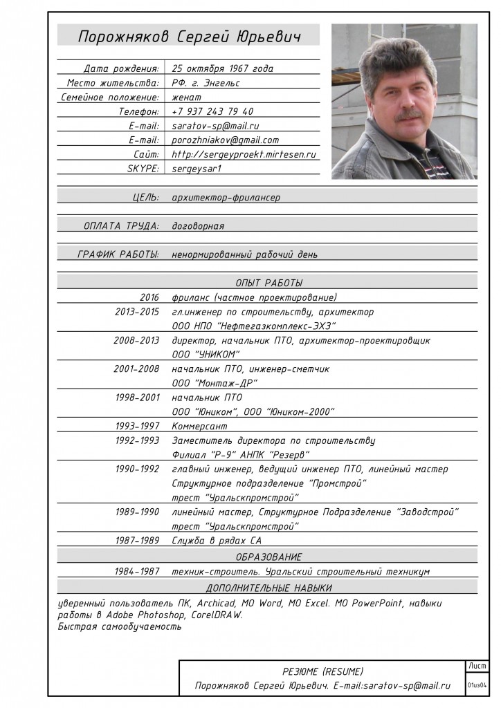 Образец резюме инженер пто образец