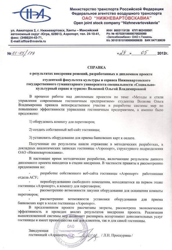 Справка о внедрении дипломного проекта