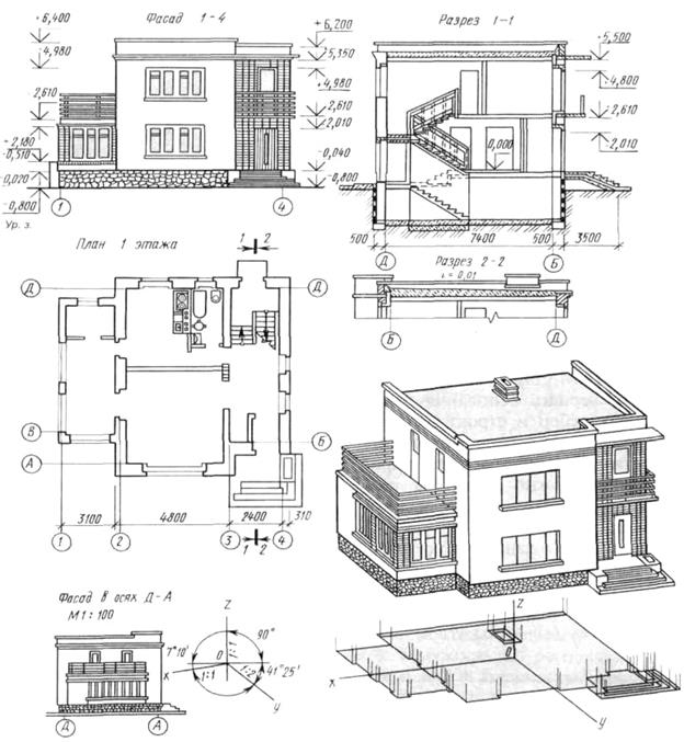 Строительный чертеж дома фасад план разрез жилого дома