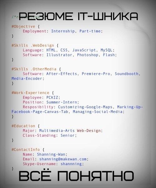 Резюме на работу айтишника образец